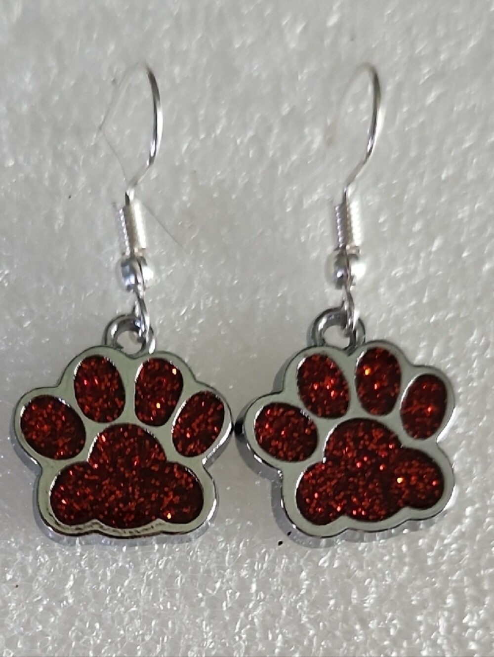 Hand Crafted Red Glitter Paw Print Dangle Earrings